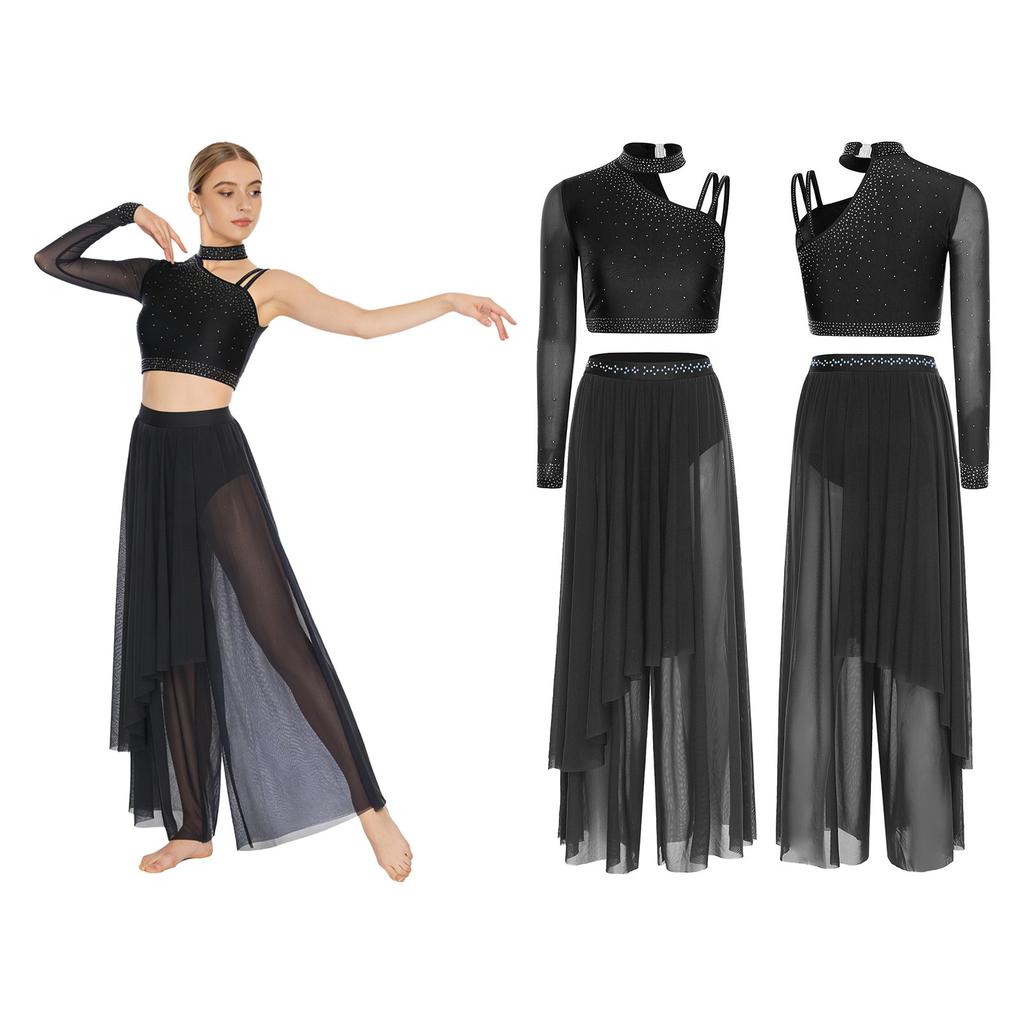 Damen Lyrisches Tanz Performance Set S-XXL: Asymmetrisches Crop-Top mit einem Ärmel, Strasssteinen & locker sitzende Überwurfhose
