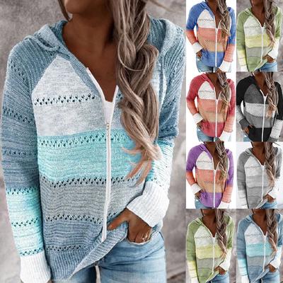 Mode Frauen Casual Patchwork Lange Ärmel Mit Kapuze Pullover Strickjacke Bluse Tops
