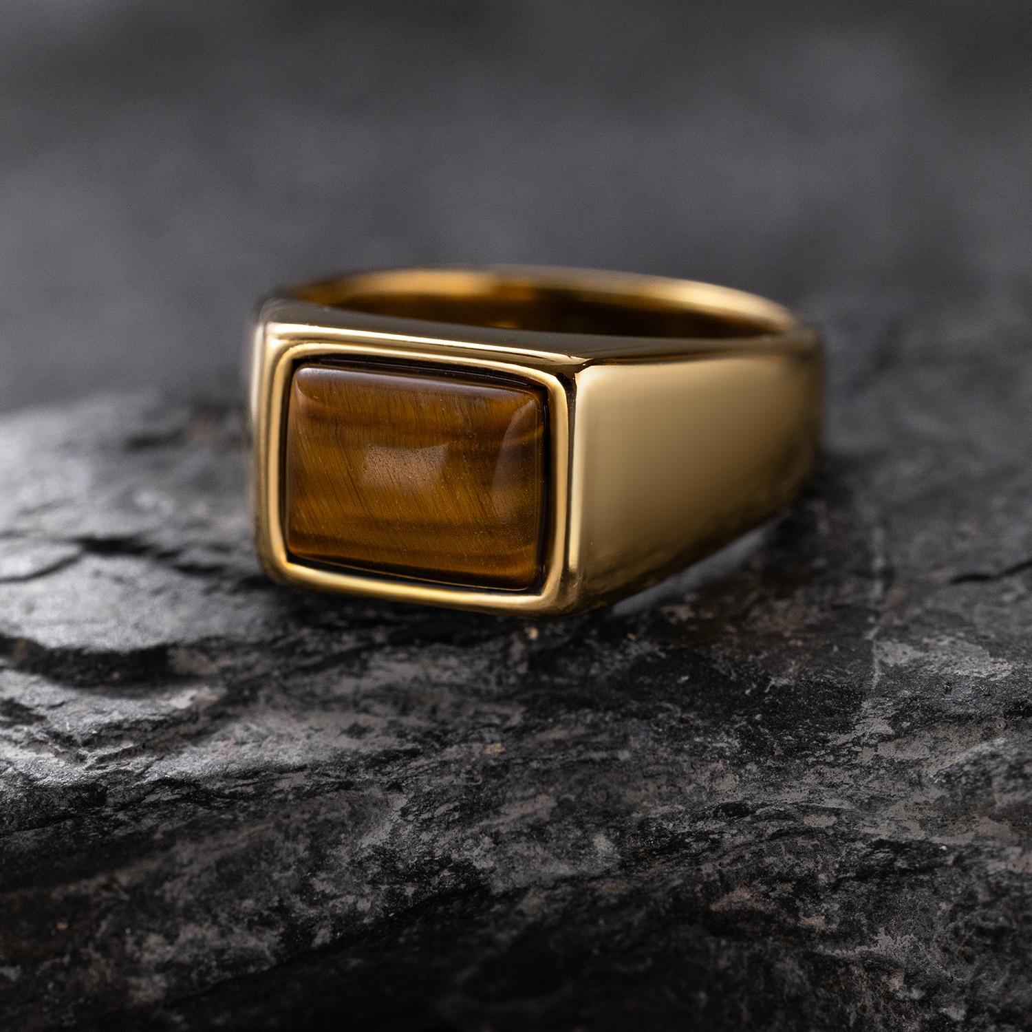 

316L Stainless Steel Ring with Natural Tiger s Eye - Simple Retro Style, Single Ring, Gold Plated, Natural Stone for men women 7