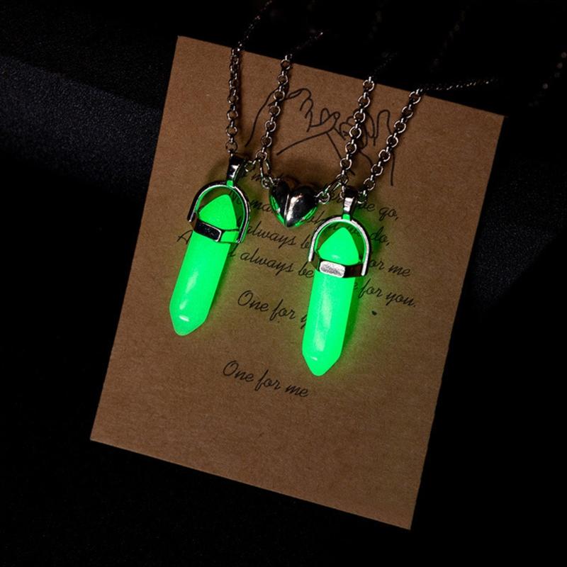 2Pcs Fluorescent Hexagonal Crystal Pendants Necklaces Bullet Natural Stone Necklaces Magnet Matching Necklace Jewelry