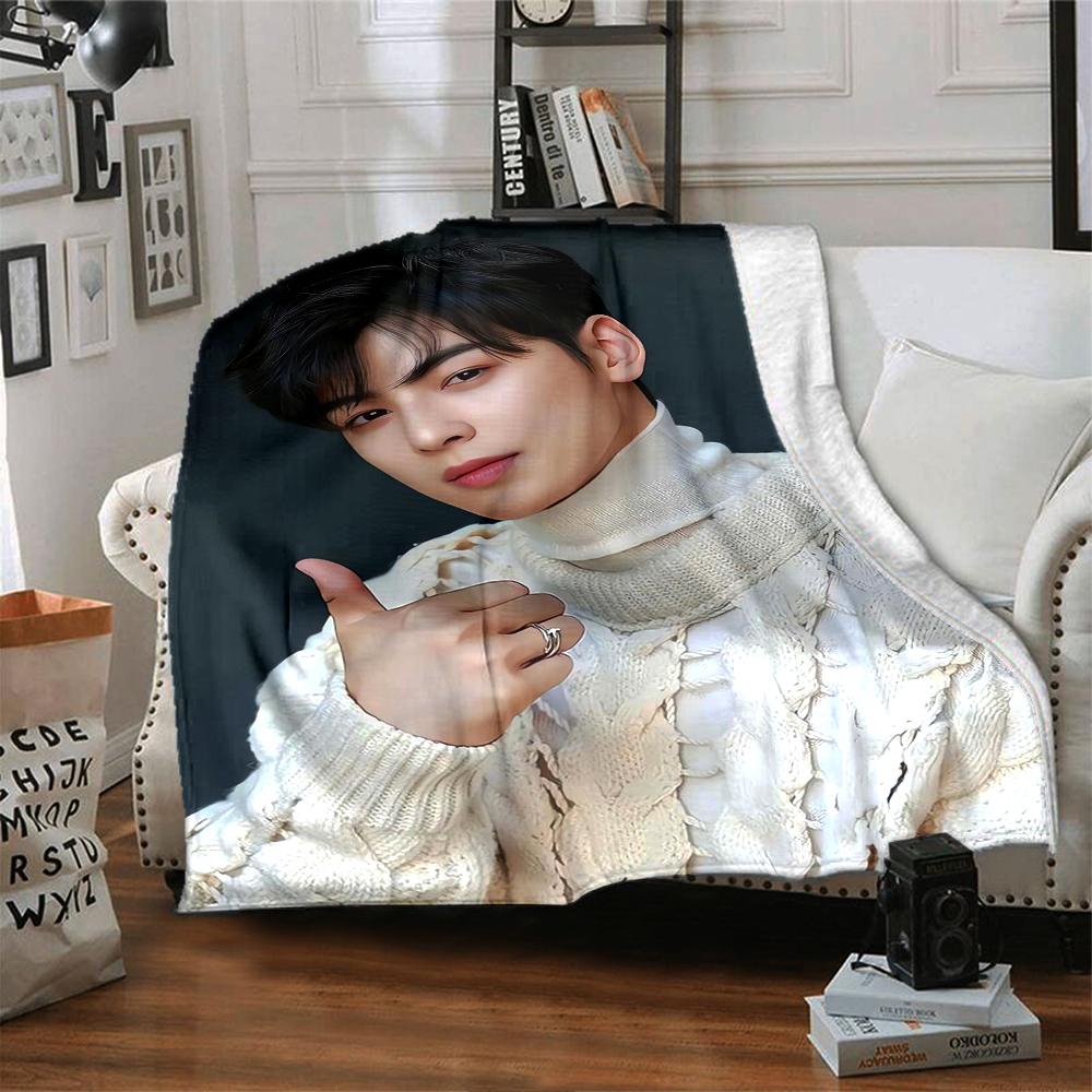 1Pc Cha Eun-woo Print Blanket Soft Comfortable Polyester Throw Blanket Allseason Use Perfect Bedroom Office Outdoor Ideal Christmas Gift Choice Print 