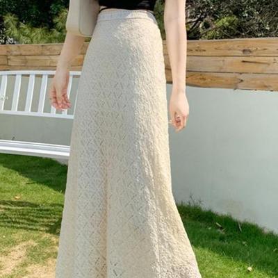 Spitze Halblanger Rock für Damen Sommer Hohe Taille A-Linie Fischschwanz Midi-Länge Rock