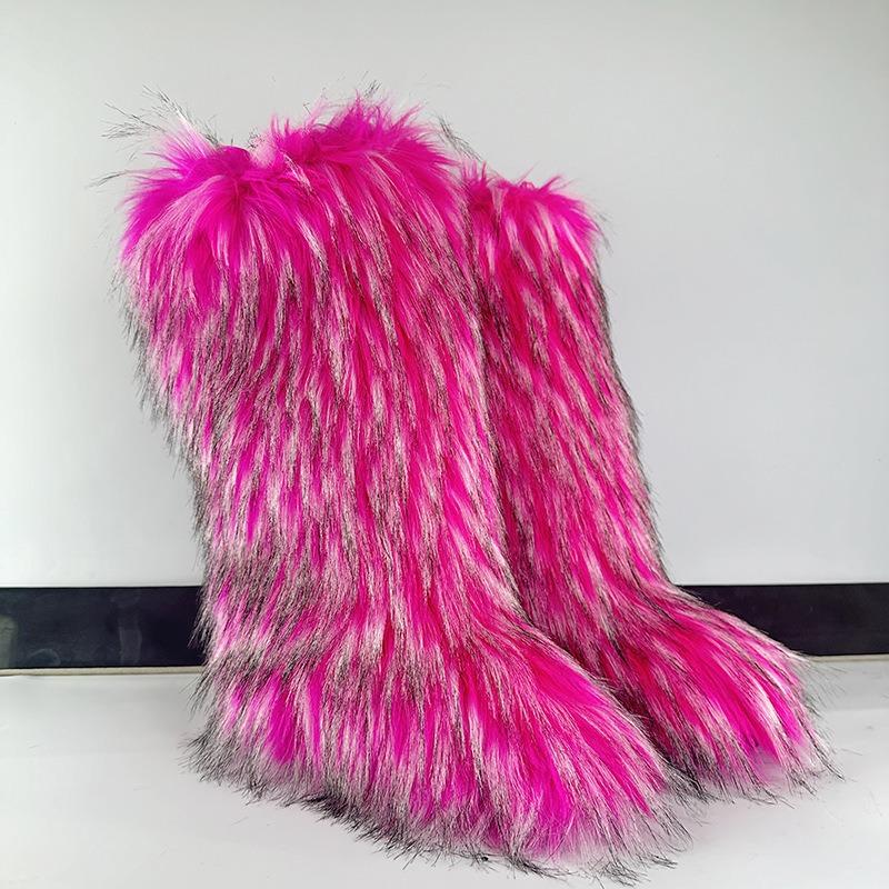Furry Boots Long Tall Winter Imitation Fox Furry Snow Boots Men's and Women's Winter Large Size Fur Over Knee Boots