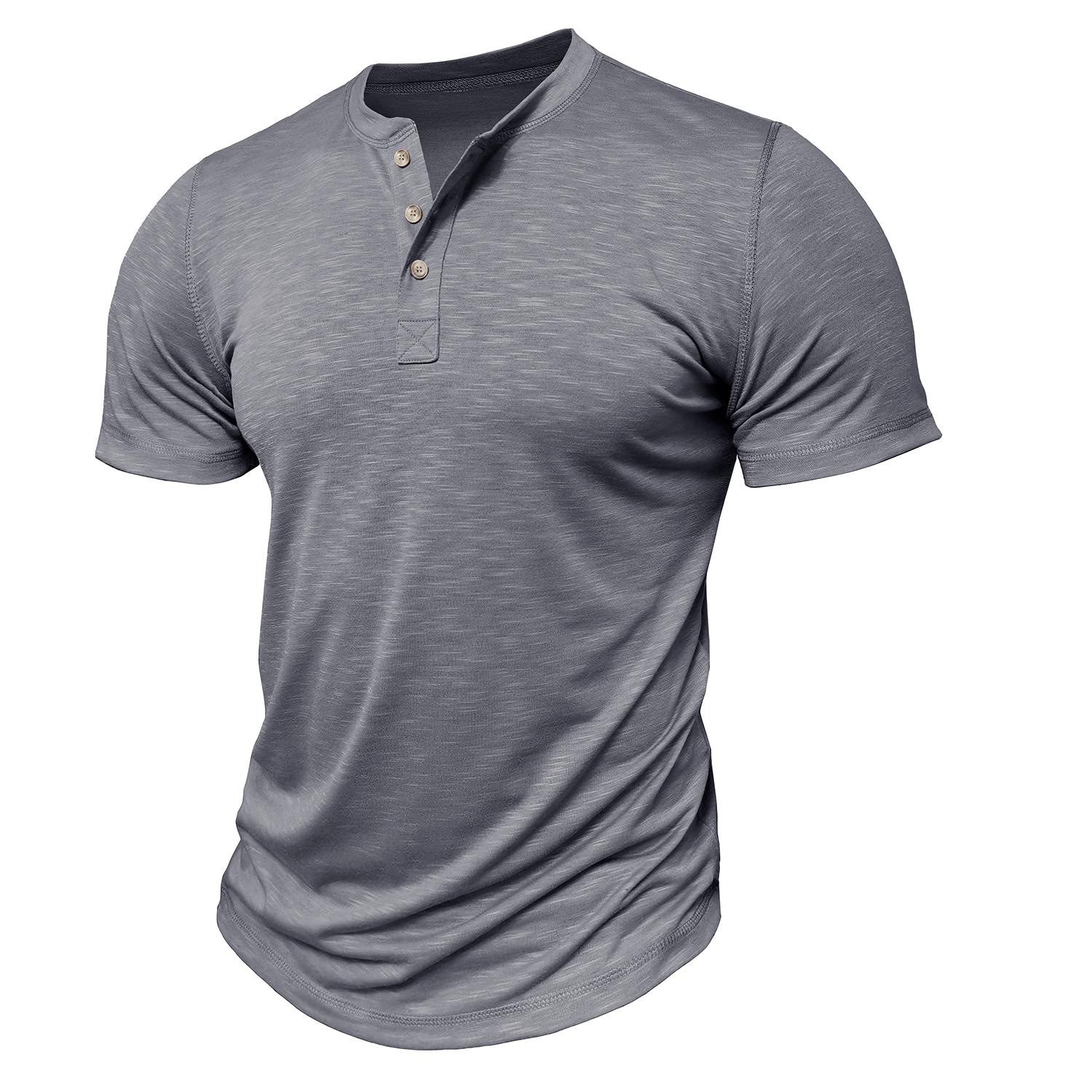 

Men’s Tee Shirts Short Sleeves Round Neck Buttons Henley T-shirt Summer Slim Fit Daily Menswear Casual Holiday Outwear XXL сірий