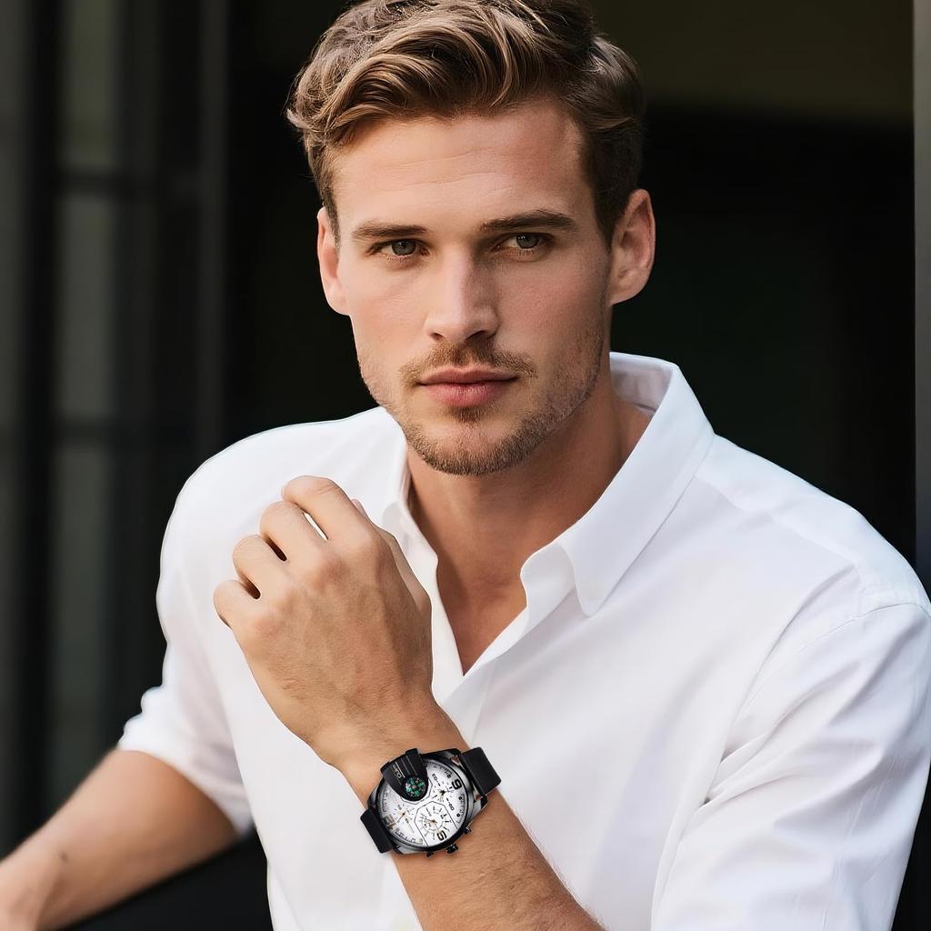 Men's Watch PU Leather Band 3 Time Zone Display Analog Display Quartz Waterproof Compass Design Large Dial Sports Watch Outdoor Easy To Read Casual