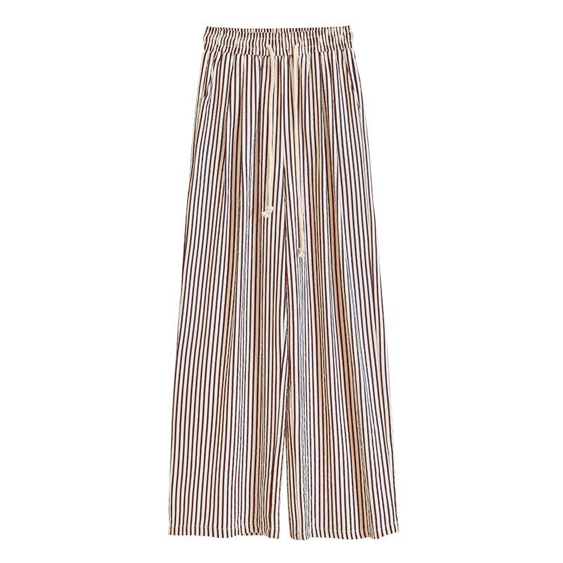 High Waist Pinstripe Wool Wide Leg Pants for Petite Women - Korean Style, Brown, Fall/Winter