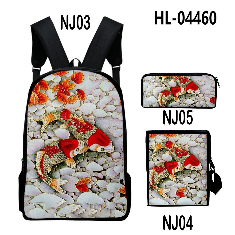 Classic Novelty Cool Koi Carp 3D Print 3pcs/Set Pupil School Bags Laptop Daypack Backpack Inclined Shoulder Bag Pencil Case