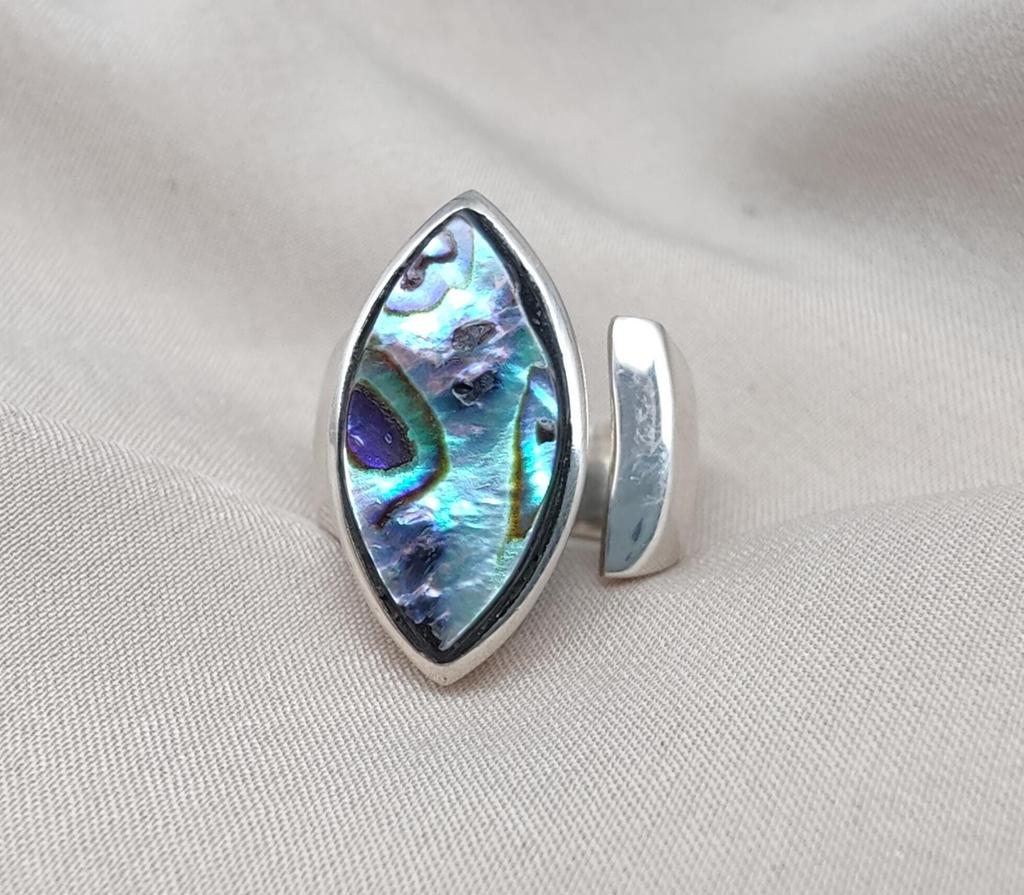 Abalone Shell Sterling Silver Ring: Adjustable Boho Statement Jewelry