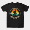 Men Black Print T-shirt Gone Squatchin | Retro Sunset Bigfoot Badge | Vintage Sasquatch Outdoor Adventure Design Retro Sunset Bigfoot Badge | Vintage