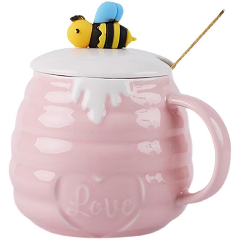 High Appearance Level for Girls Bee Ceramic Mug with Lid Spoon Household Drinking Water  Student Breakfast Milk  Oatmeal Big Belly Cup