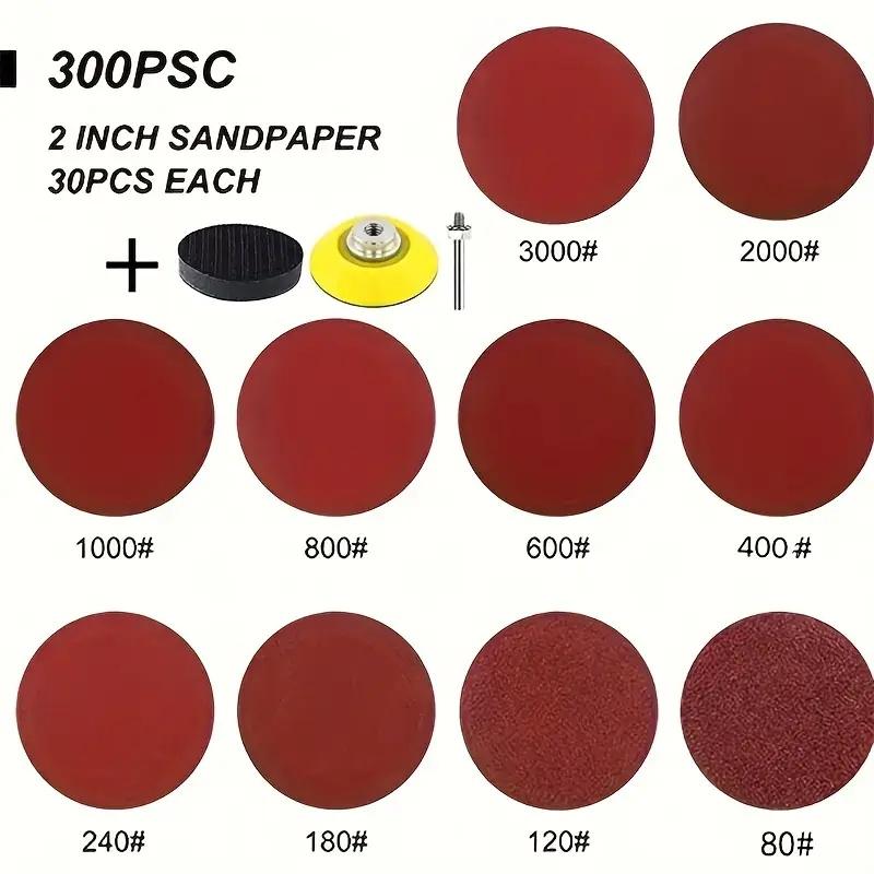 50/100/300Pcs 2-inch drill sander with back plate 1/4 "shank sand pad kit, including 80-3000 grain size sandpaper