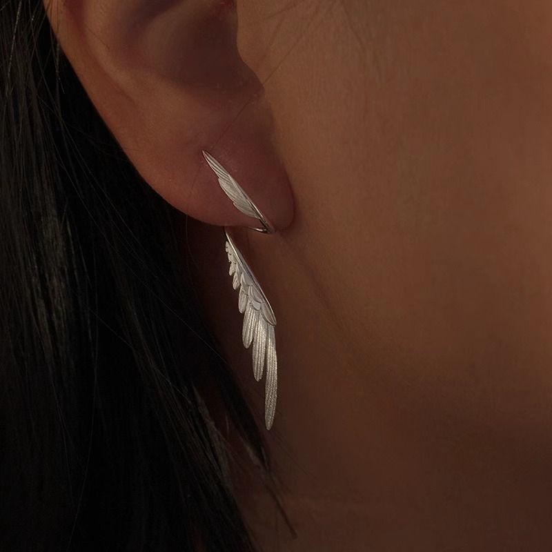 Simple Alloy Long Wing Stud Temperament Feather Earrings Silver Wings Shape Elf Ear Cuff Earrings Jewelry Accessories Gifts