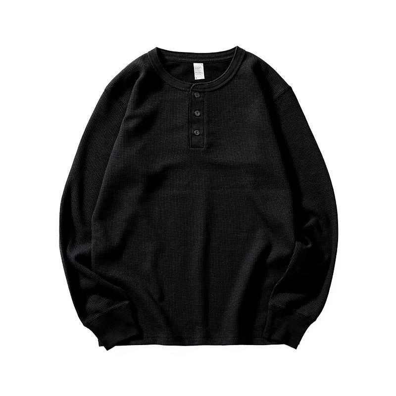 

300g Unisex Khaki Retro Waffle Henley Long Sleeve T-Shirt XL