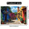 Lively Mexican Street Tapestry, Rainbow Houses with Balcony Flowers and Potted Cacti, Playful Boho Wall Art