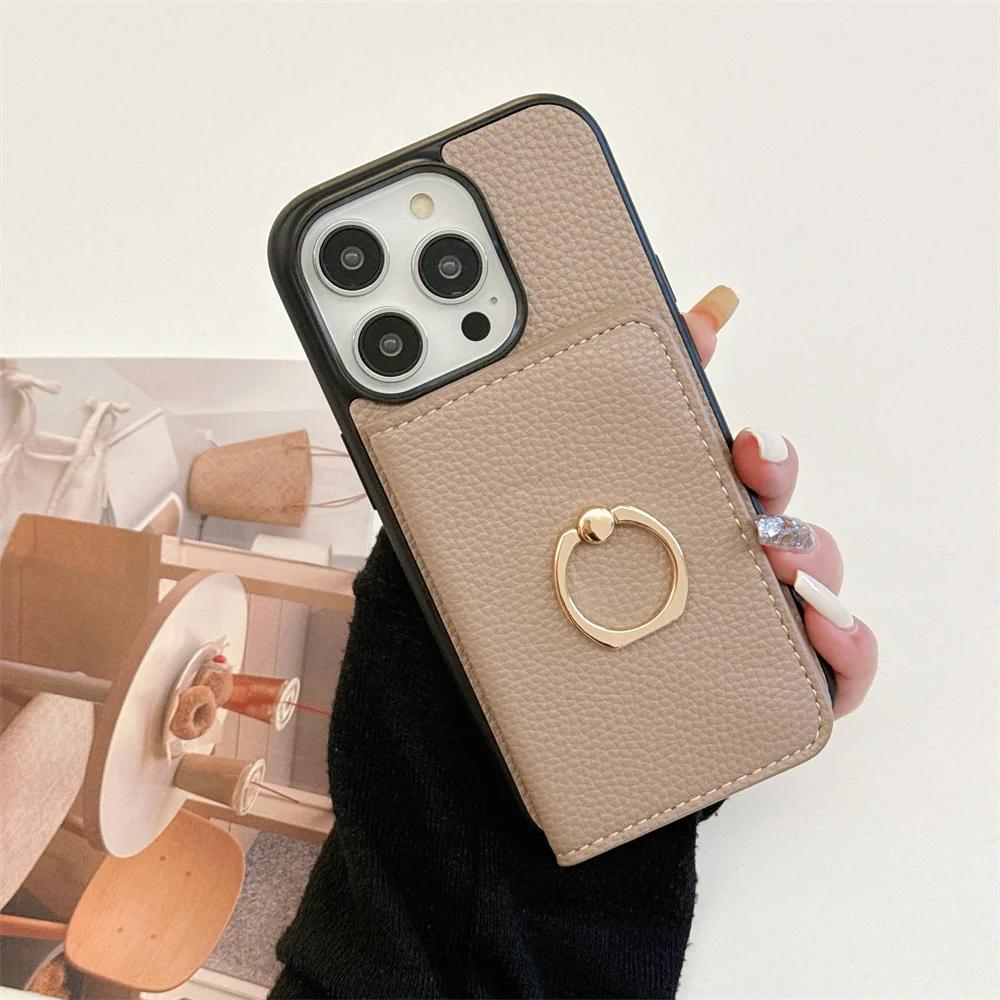 Leather Ring with Card Holder Phone Case for IPhone 15 14 11 Pro Max 13 12 Mini XR XS X Max 8 7 Plus PU Shockproof Shell Cover