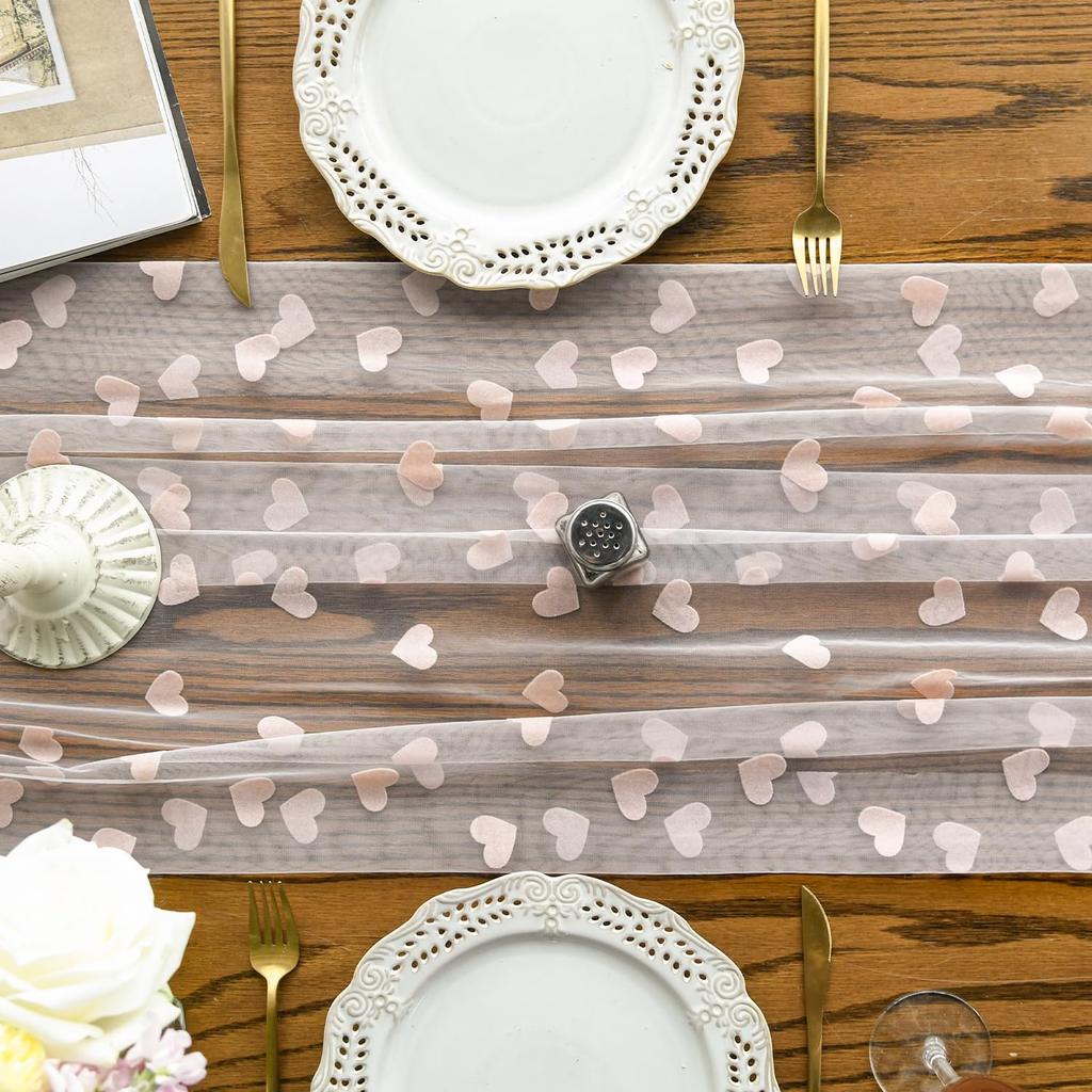 Artoid Mode Pink Heart Gauze Table Runner 120 Inch 10FT, Mother's Day Sheer Dining Anniversary Wedding Table Decor for Home Party