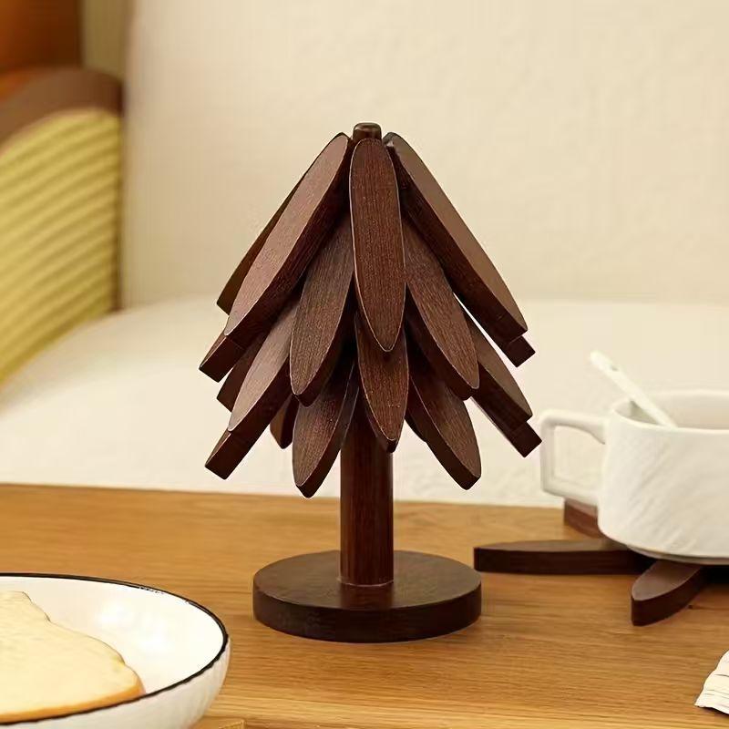4pcs Heat-Resistant Wooden Walnut Coasters Set, Self-Recovering Creative Tree-Shaped Heat Insulation Non-Slip  Pads,