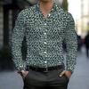 Men Collared Shirt Dark Blue Light Leaf Floral Silhouette Print Long Sleeve Button Down Top