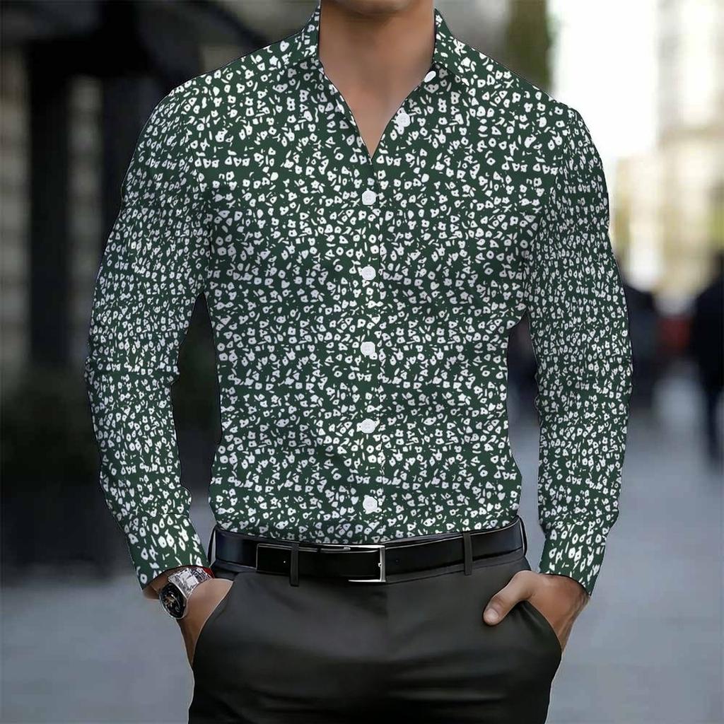 Men Collared Shirt Dark Blue Light Leaf Floral Silhouette Print Long Sleeve Button Down Top
