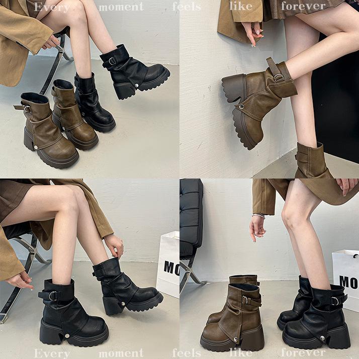 2025 New Pleated Round Head Thick-soled British Trouser Tube Boots Spring and Summer Thick Heel Fashion Boots Muffin Short Stacking Boots