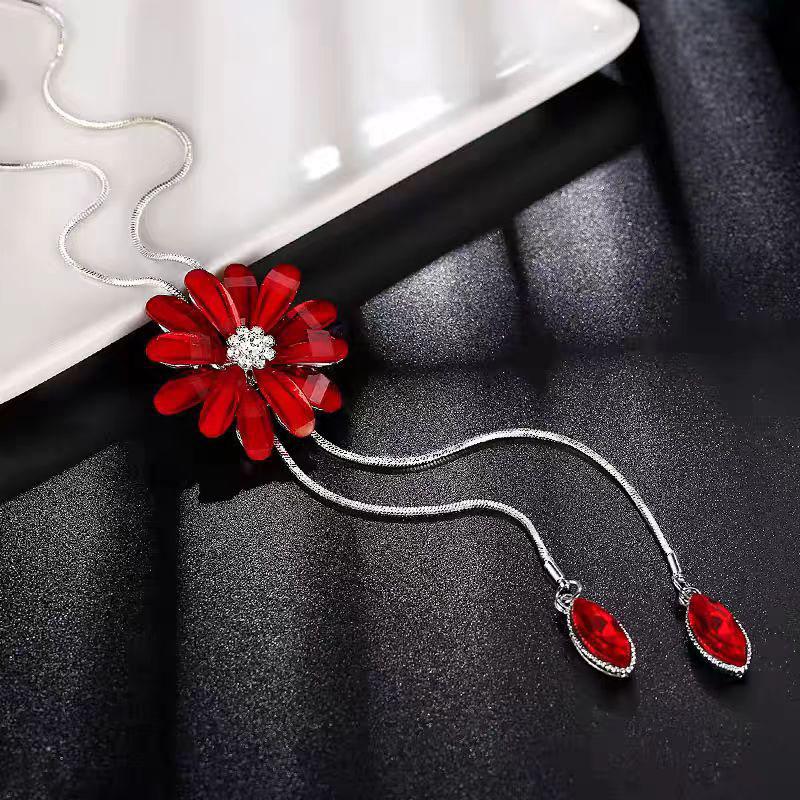 1PC Women's Fashion Metal Rhinestone Flower Rose Long Necklace Sweater Chain Accessories for Women Travel Party Jewelry Festival Gifts