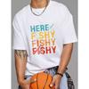 Crew Neck T Shirt White Here Fishy Fishy Fishy Fishing Rod and Hook Graphic for Outdoor Activities and Casual Wear