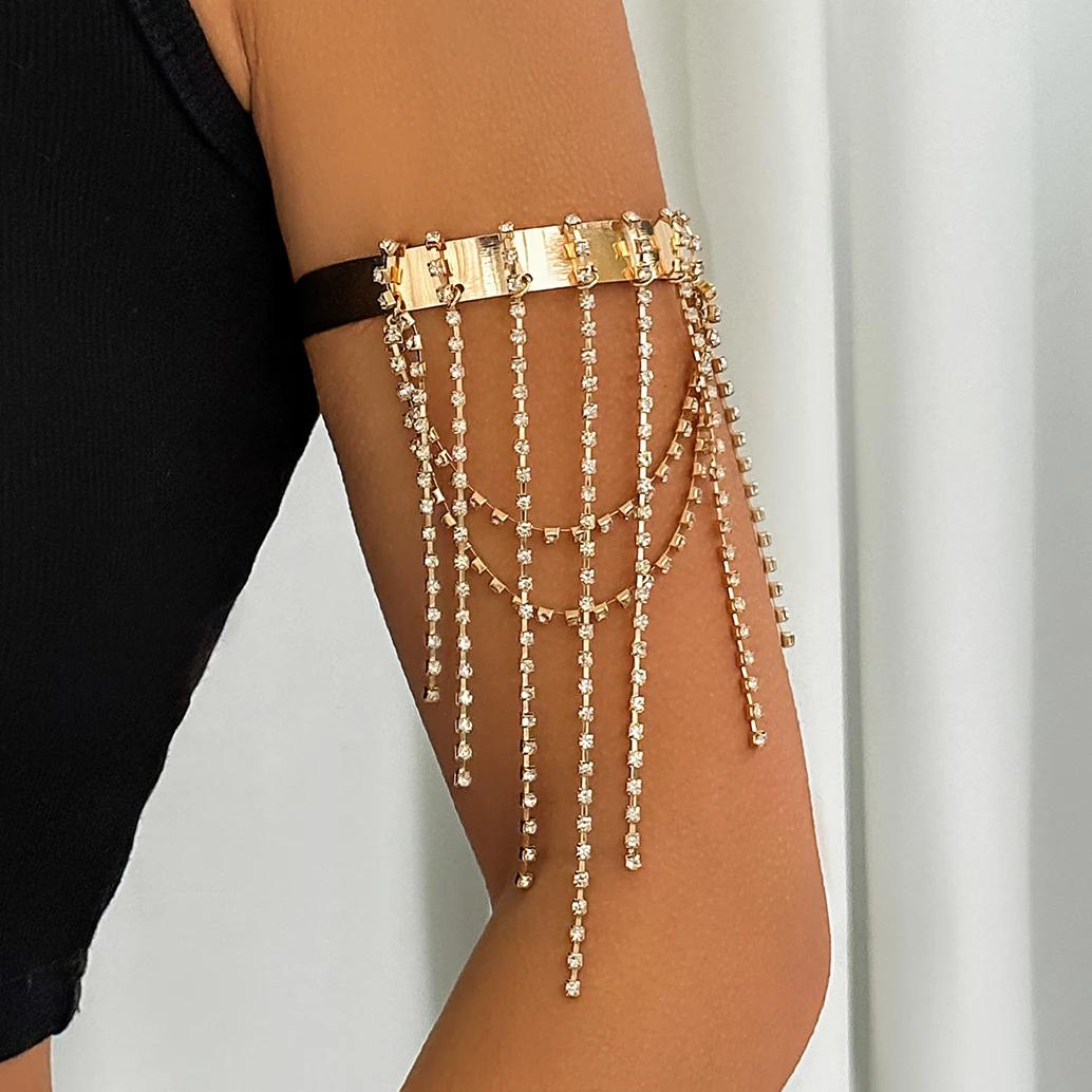 New Creative Retro Multilayer Rhinestone Tassel Link Pendant Upper Arm Bracelet for Women Wed Open Cuff Bangles Jewelry New