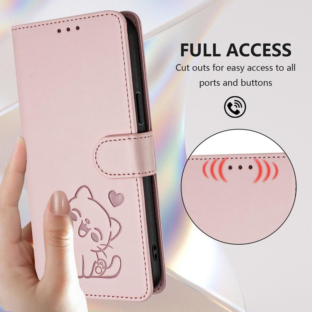 For iPhone 17 Wallet Case with Wrist Strap Love Cat Pattern Imprint Leather Phone Cover