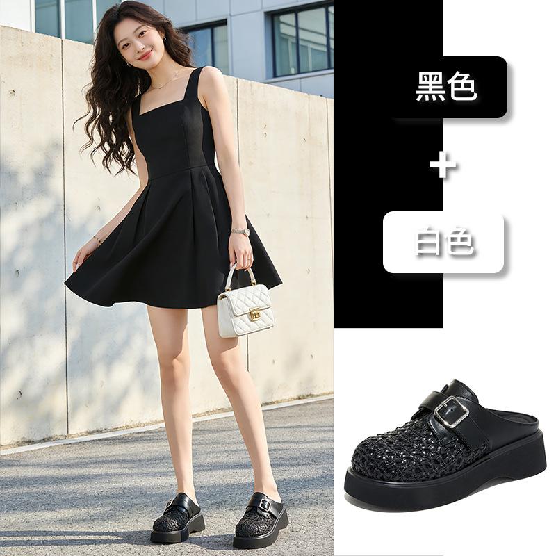 First layer sheepskin insole bag head slippers women's spring and summer new retro woven half drag casual French sandals