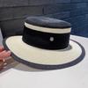 Niche Chic Flat Top Straw Hat Women's Summer Versatile Big Brim Sun Hat British Retro M Standard Top Hat