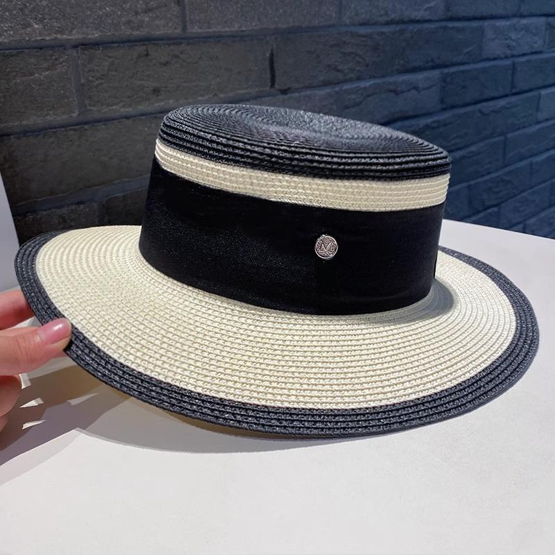 Niche Chic Flat Top Straw Hat Women's Summer Versatile Big Brim Sun Hat British Retro M Standard Top Hat