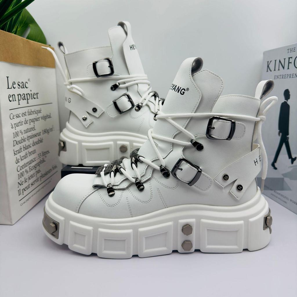 HEYANG Men's Mid-Calf Cotton-Padded Martin Boots - Punk Style, Thick-Sole Motorcycle Boots for Autumn/Winter.