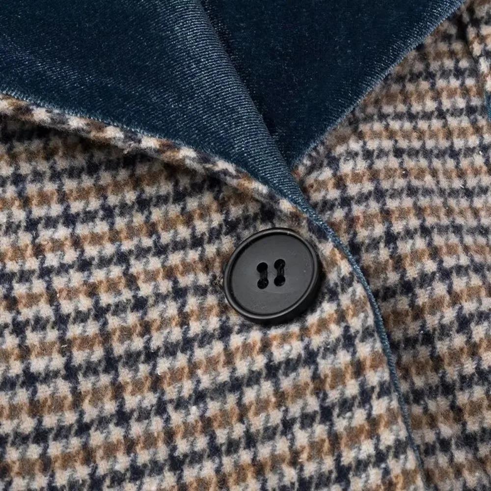 Plus Size Women's Clothing Autumn and Winter Woolen Coat Long Coat with Blue Velvet Stitching on The Shoulders and Collar Coat