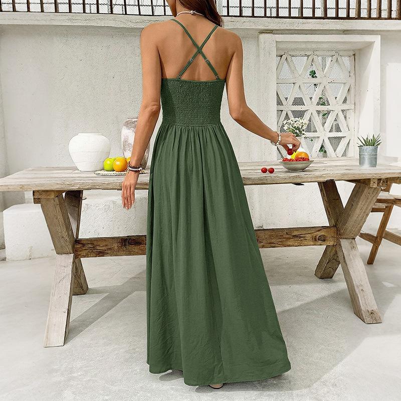 Summer New Style Lace-embroidered Halter Dress with V-neck and Backless Design - Ideal for Beachwear and Summer Outings for Women.