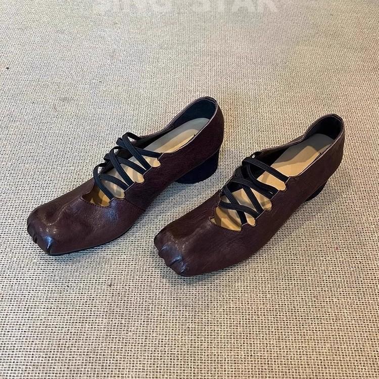 Sheepskin version~ retro niche cross-strap single shoe pleated leather square head pig nose shallow mouth ballet shoes women