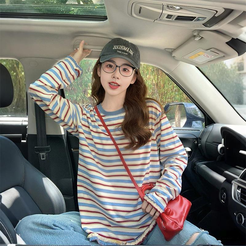 

Korean Style Striped Long-sleeved Round Neck Pure Cotton Women s Spring and Autumn Loose Lazy Style Versatile Fashionable Top M синий