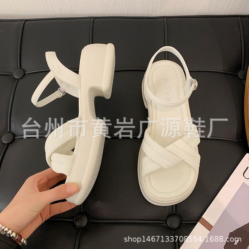 Summer new sandals women's fashion thick-soled one-word buckle cross-toed versatile sandals muffin casual women's shoes