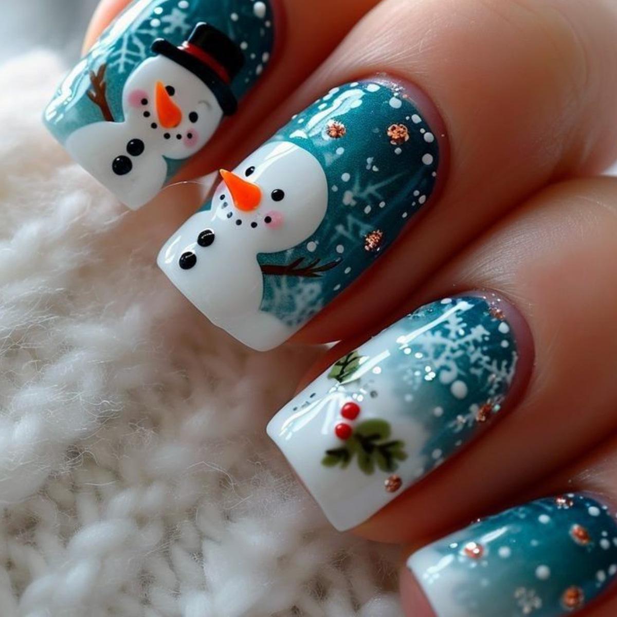Christmas Snowflake Snowman False Nails - Cute, Short, Detachable Wearable Nail Tips