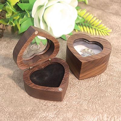 2 Slots Heart Rings Holder Transparent Cover Magnetic Cover Walnut Wood Rings Box Storage Packaging Rings Bearer Box Propose