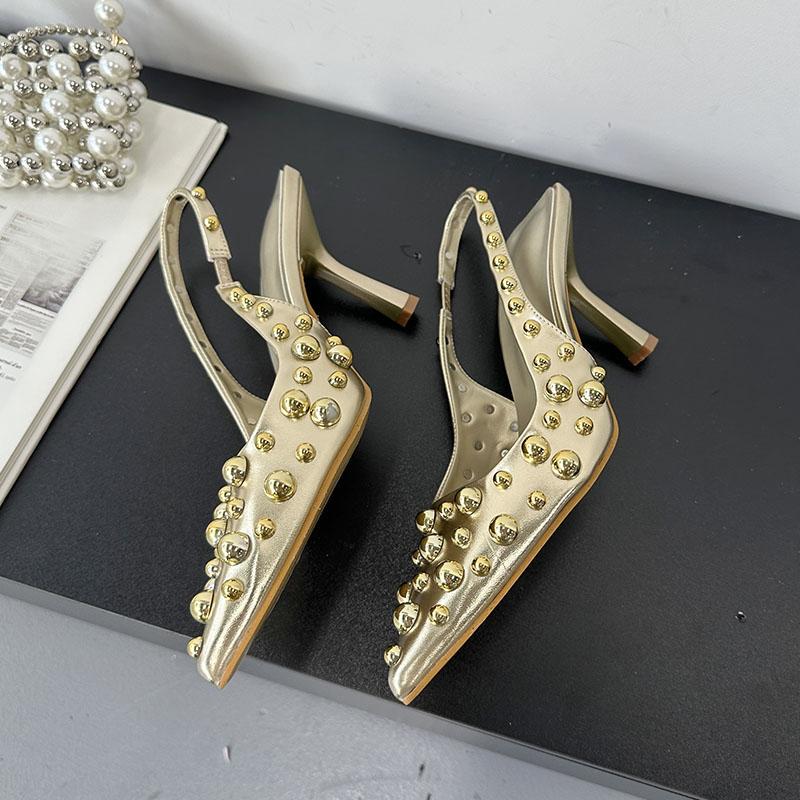 Fashion Female Metal Rivet Women Thin Heels Pumps Shoes Slingbacks Footwear Fashion Pointed Toe Ladies High Heels Shoes Sandals Big Size