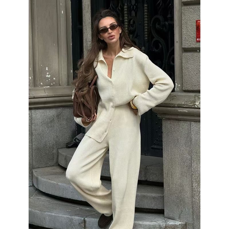 Western Style Fashion Loose Knit Solid Cardigan sweater Trousers Set Sweater and Pants Set