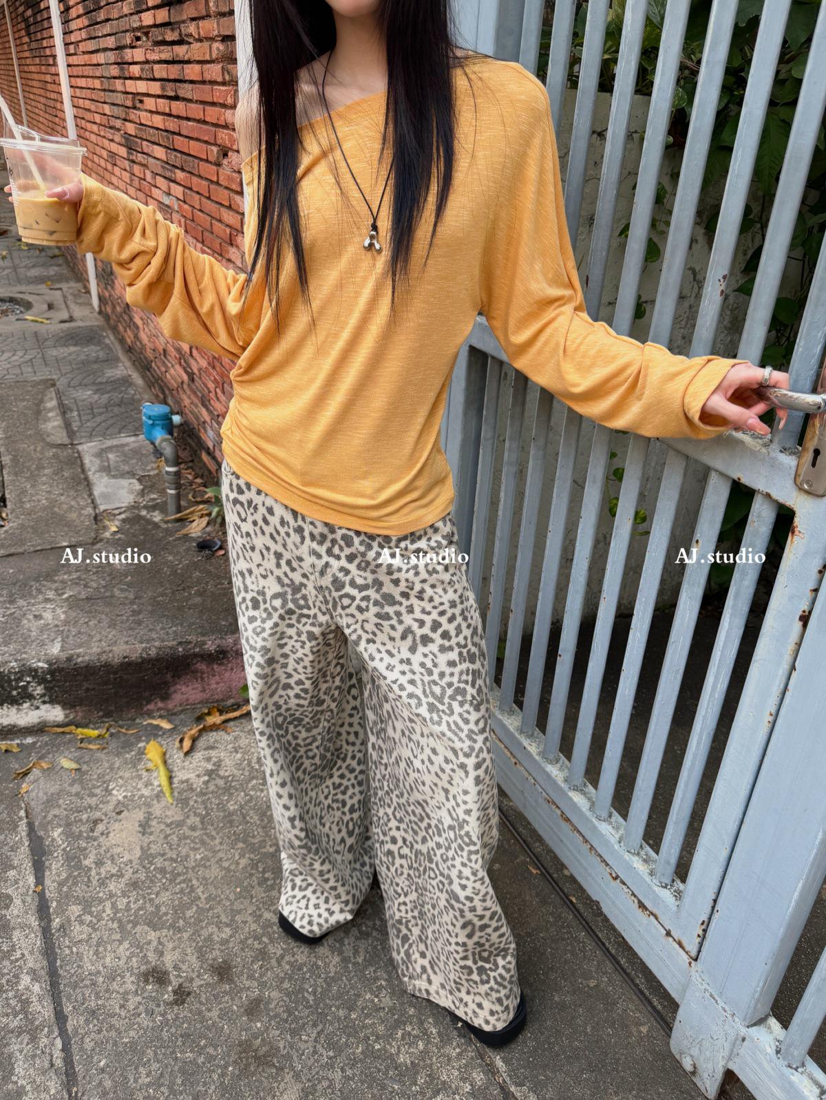 

Leopard Print Light Wide-Leg Jeans DP067 Small хаки