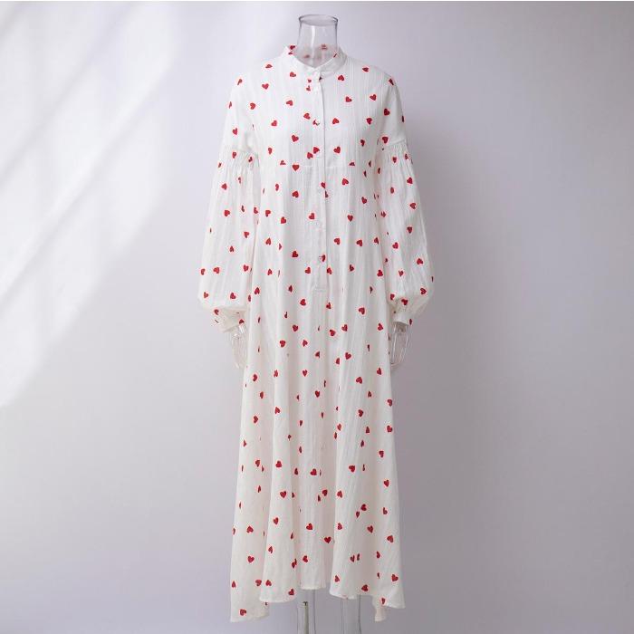 Love Printed Dress Women's European, American Spring and Summer Splicing Long Lantern Sleeve Cotton Pendulum Dress