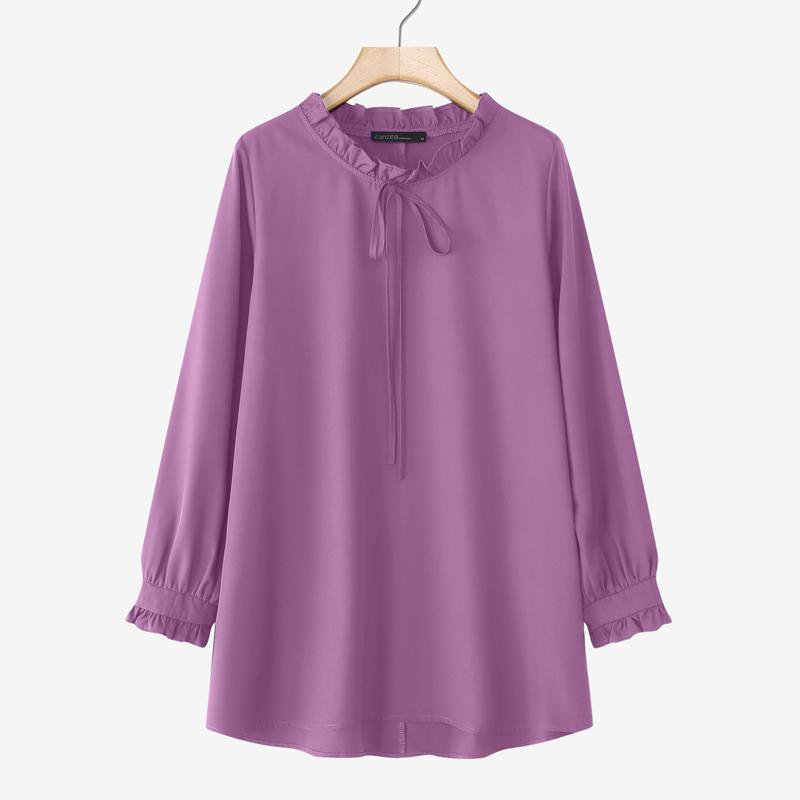 ZANZEA Dame Casual Rund Hals Ensfarget Løs Langermet Bluse