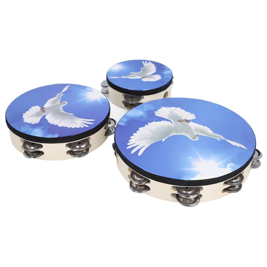 3PCS Wooden Tambourine Double Row Bell Jingles Hand Held Drum Hand Percussion Instrument for Adults Kids 6in 8in 10in