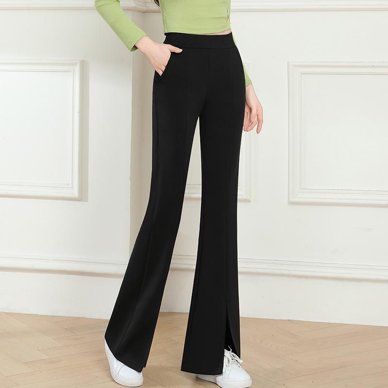 2025 Spring & Fall Women's High Waist Black Flared Pants - Slimming, Elastic, Four-Way Stretch, Long Slit Design