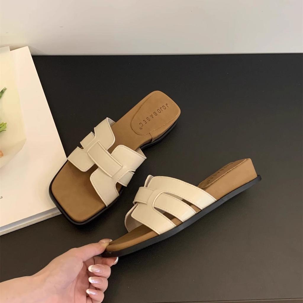 One-word wear square head sandals wedge heel new French beautiful skirt with 2025 platform slippers women's summer vacation