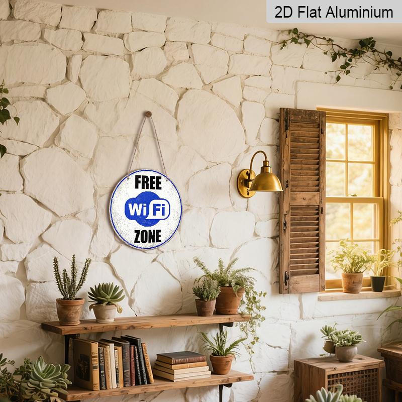 2D Flat, 1pc Round Aluminum Hanging Sign - "Free WiFi Zone" Vintage Metal Wall Art, Retro Blue & White WiFi Symbol Design, "Wireless Internet