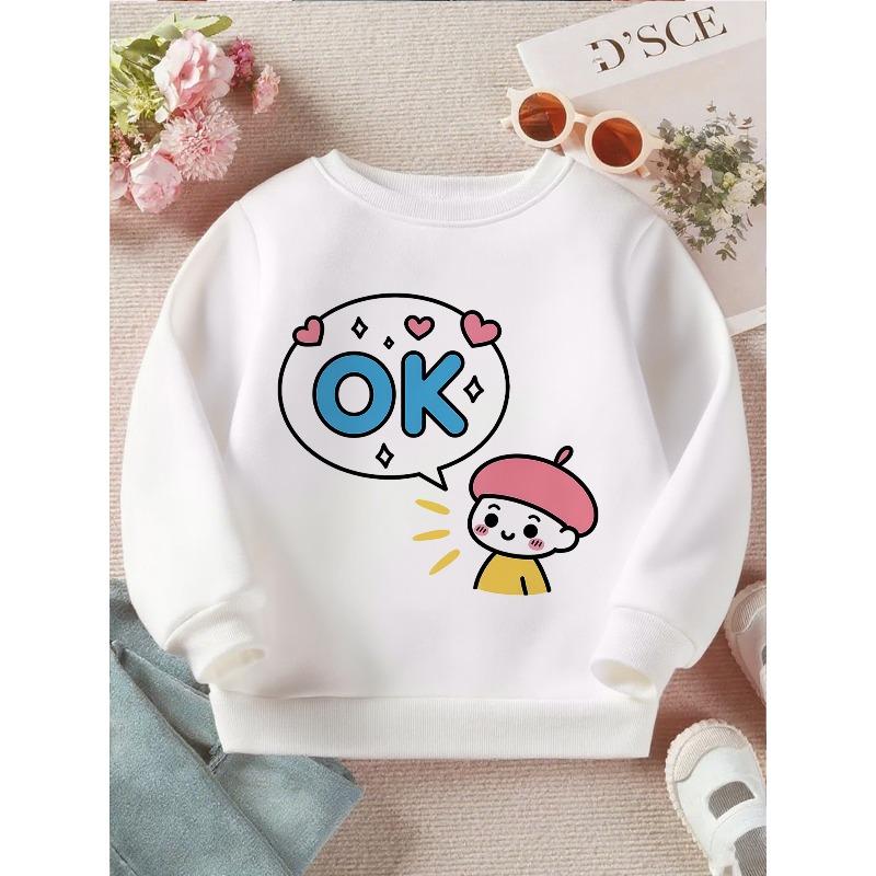 Kids Crewneck Long Sleeve Sweatshirt, Cute Cartoon Character OK Speech Bubble Print 110 белый
