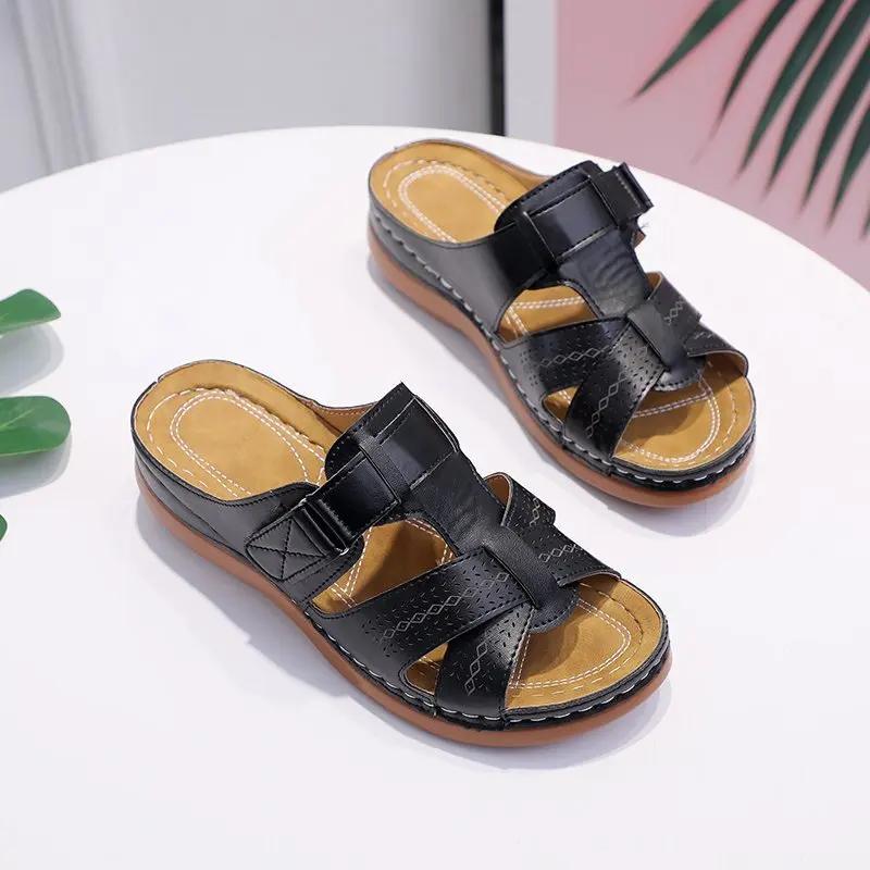 2025 Sommar Kvinnor Kilsandaler Premium Ortopediska Öppen Tå Sandaler Vintage Halkfri Läder Casual Kvinnliga Platåskor Retro